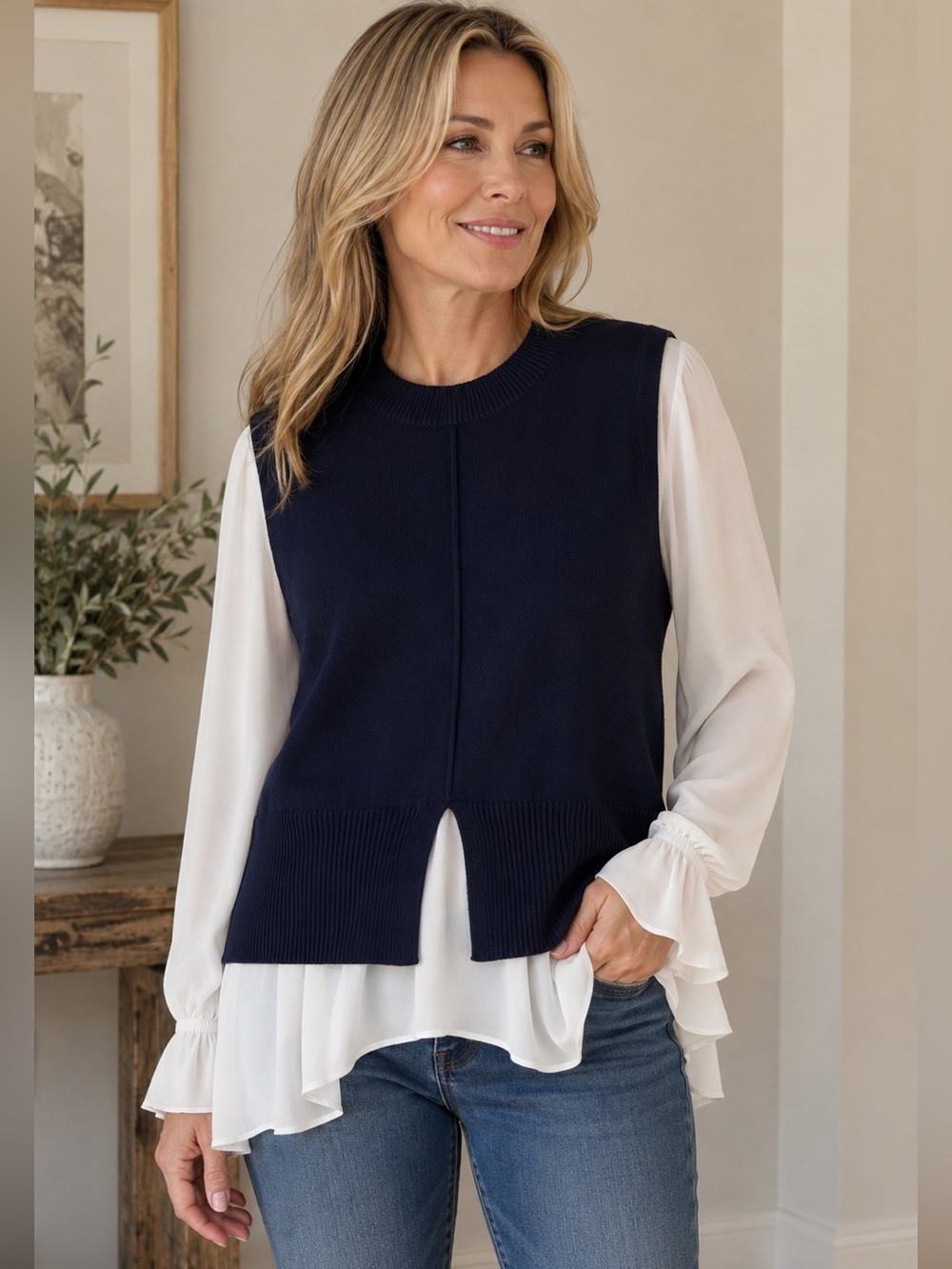NEW | Navy GRACIA Sweater & Attached Peplum Blouse